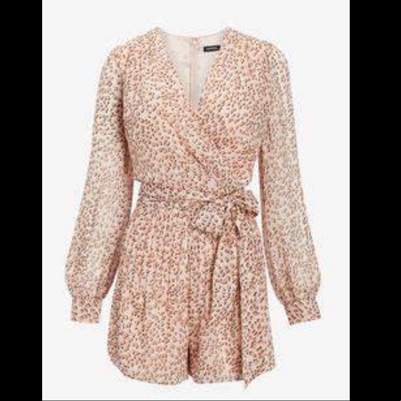 Express Leopard Puff Sleeve Wrap Front Romper - Picture 1 of 7